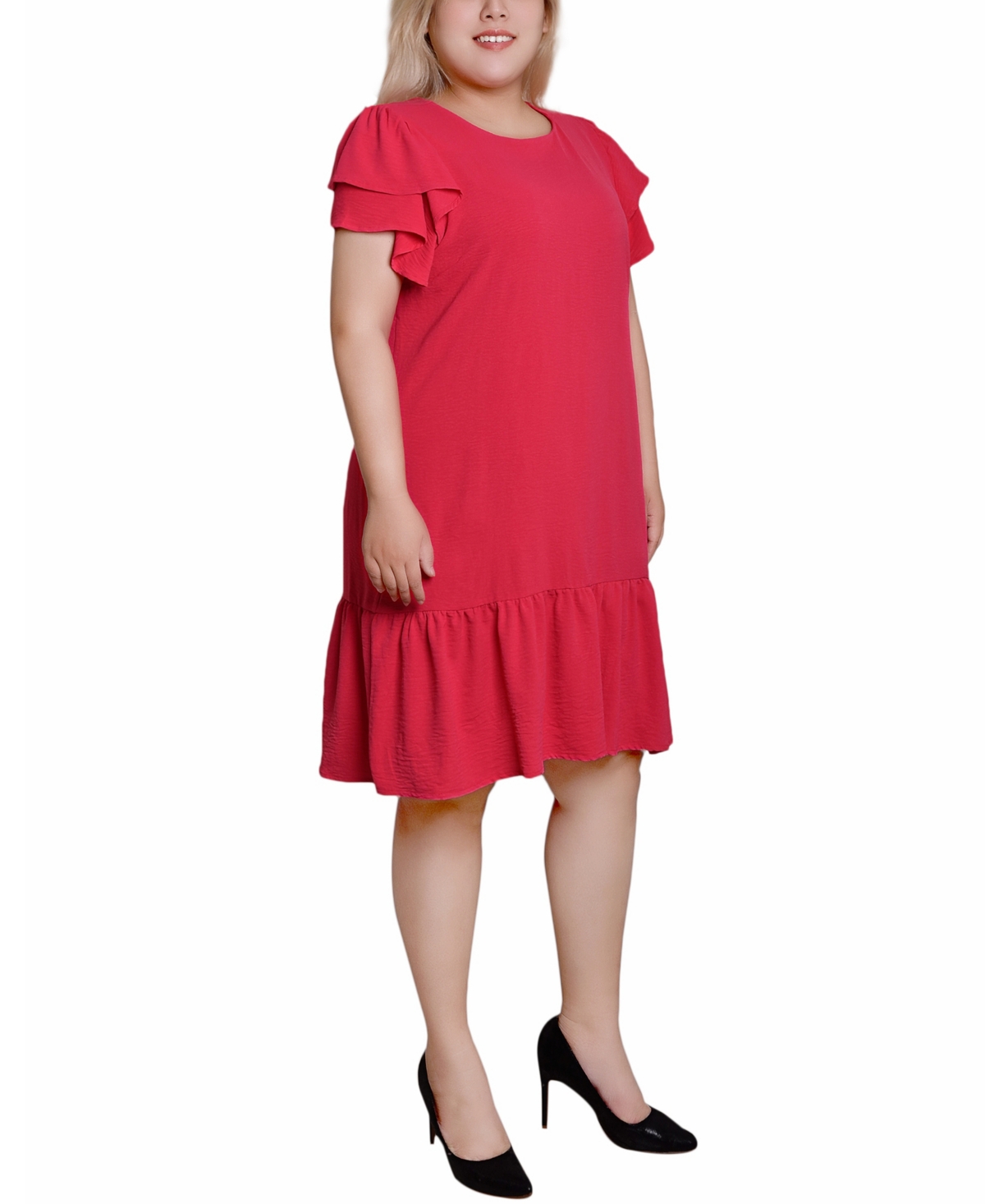 Ny Collection Plus Size Double Layer Flutter Sleeve Dress In Raspberry