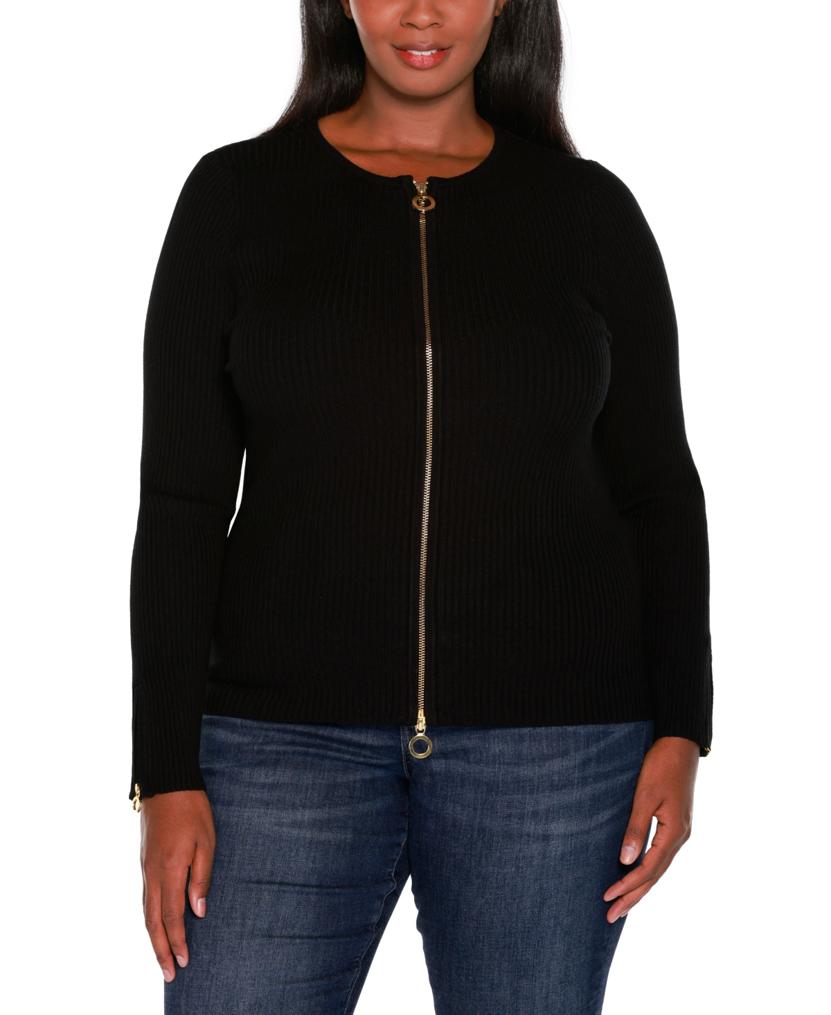 Shop Belldini Plus Size Black Label Ribbed Double-zip Cardigan Sweater In Black,gold
