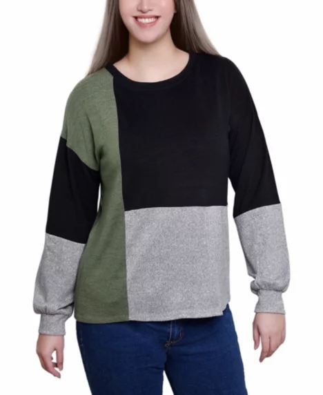 Petite Long Sleeve Colorblocked Boat Neck Top - Black Grey Green