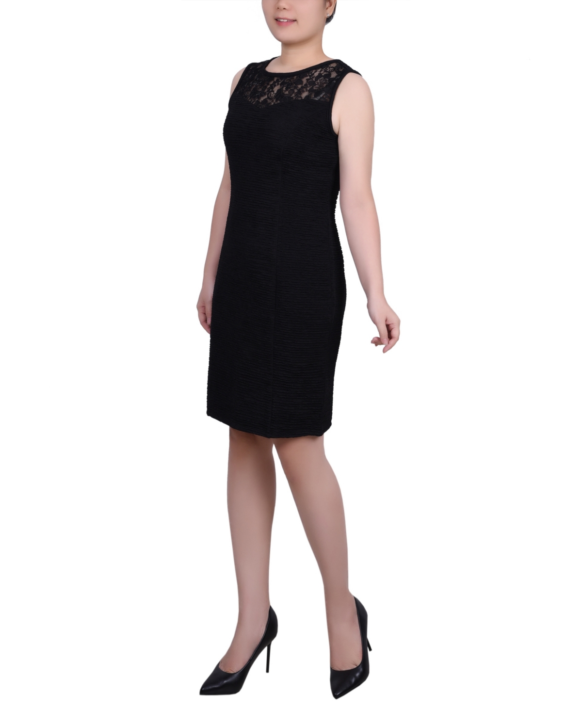 Ny Collection Petite Two Piece Novelty Knit And Lace Dress Set In Black