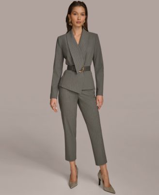 Pinstripe Belted Blazer Slim Leg Ankle Pant