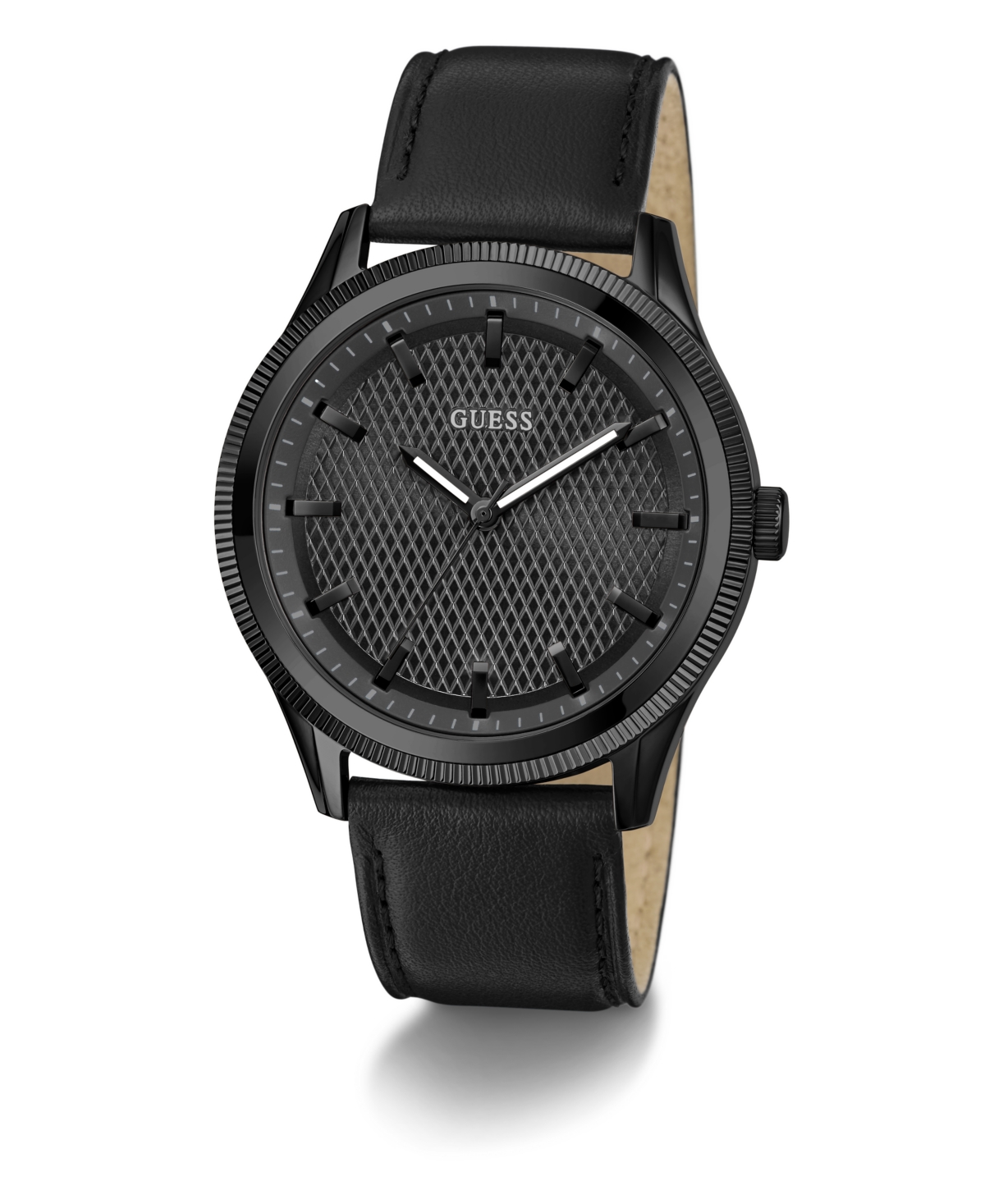 Guess Men's Analog Black Genuine Leather Watch, 44mm In Black