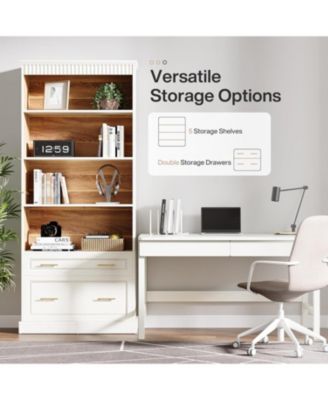 72" Wood 5-Shelf Bookcase with File Cabinet Drawer, Set of 2, Modern Free-Standing Bookshelf