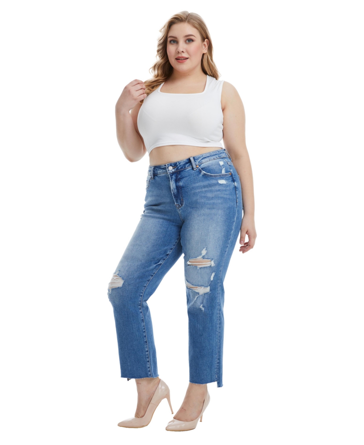 Bayeas Plus Size Mid Rise Slim Straight Jeans With Raw Hem