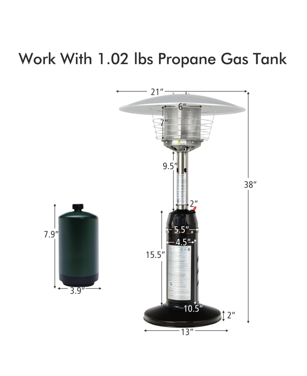 Sugift 11 000 Btu Portable Tabletop Propane Patio Standing Heater- Black