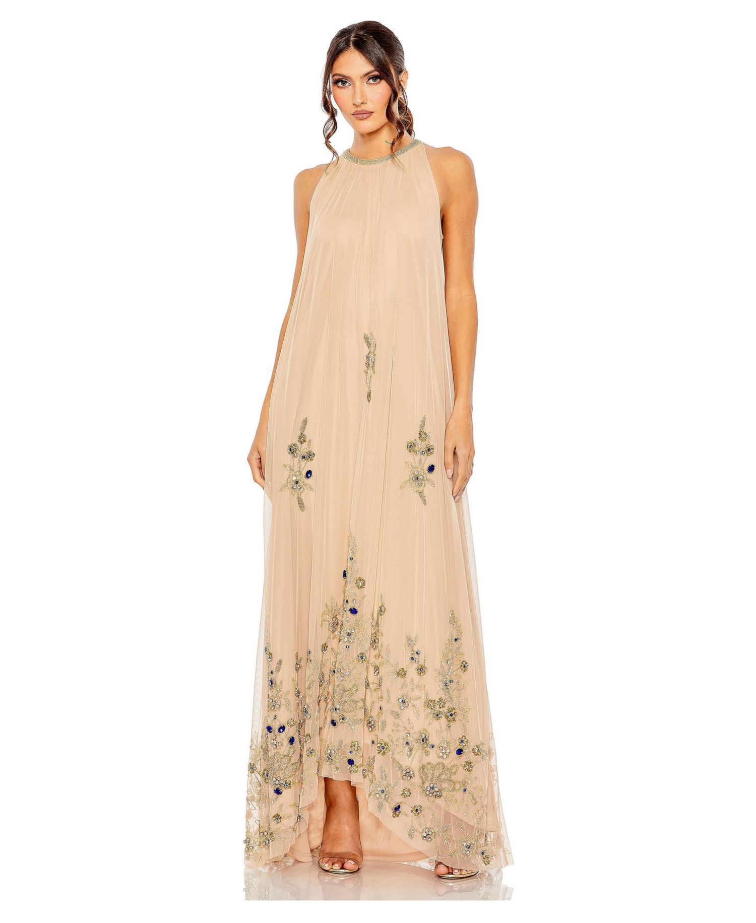 Women's High Neck Floral Embellished Trapeze Gown