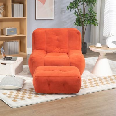 Bean Bag Chair Set, Fluffy Upholstery, Includes Ottoman, Super Soft, Lounge Seating, Living Room Furniture