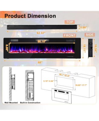 68 Inch Ultra-Thin Electric Fireplace Recessed Wall Mounted with Crystal Log Decoration