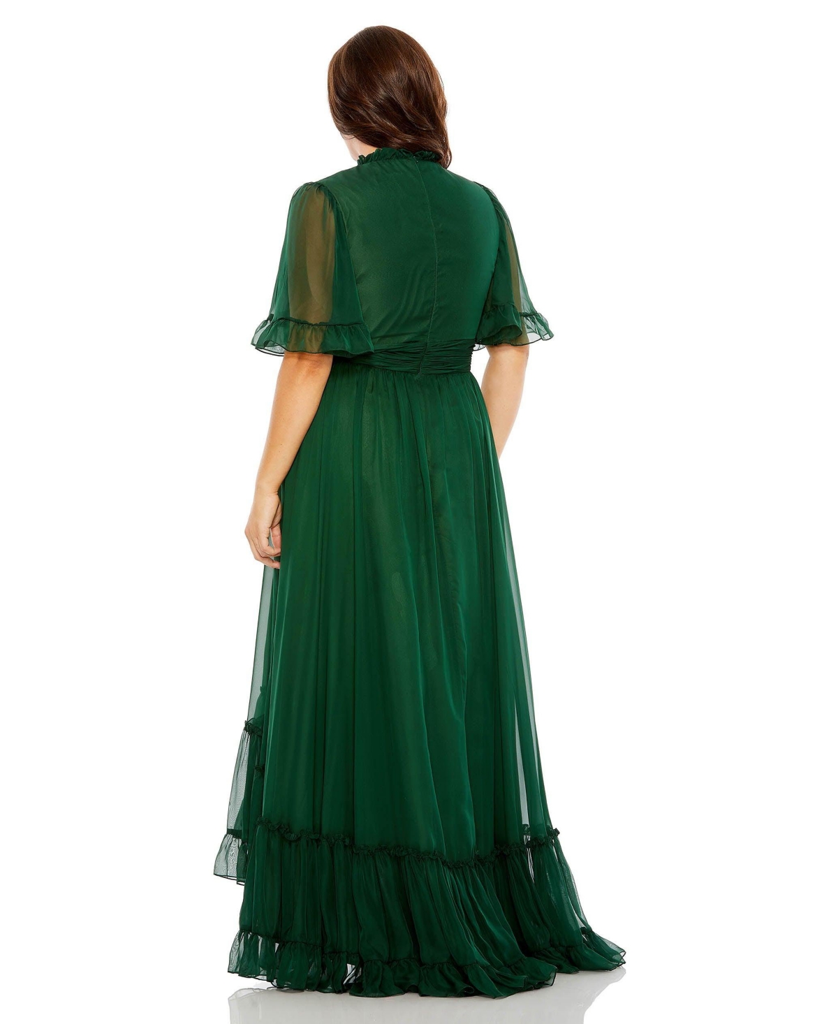 Mac Duggal Plus Size High Neck Flutter Sleeve Ruffle Tiered High Low Gown