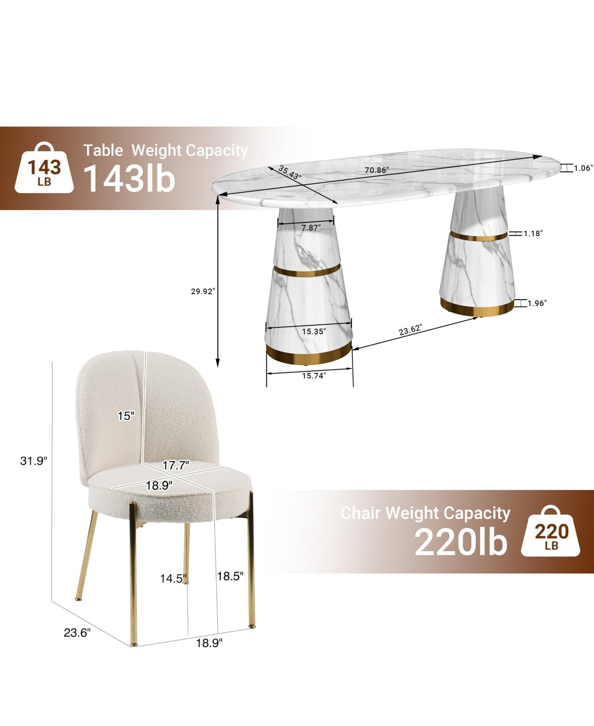 Boyel Living 70-Inch Marble Countertop Dining Table Set, Modern Kitchen Table for 6 Person (1 Table 6 Chairs)