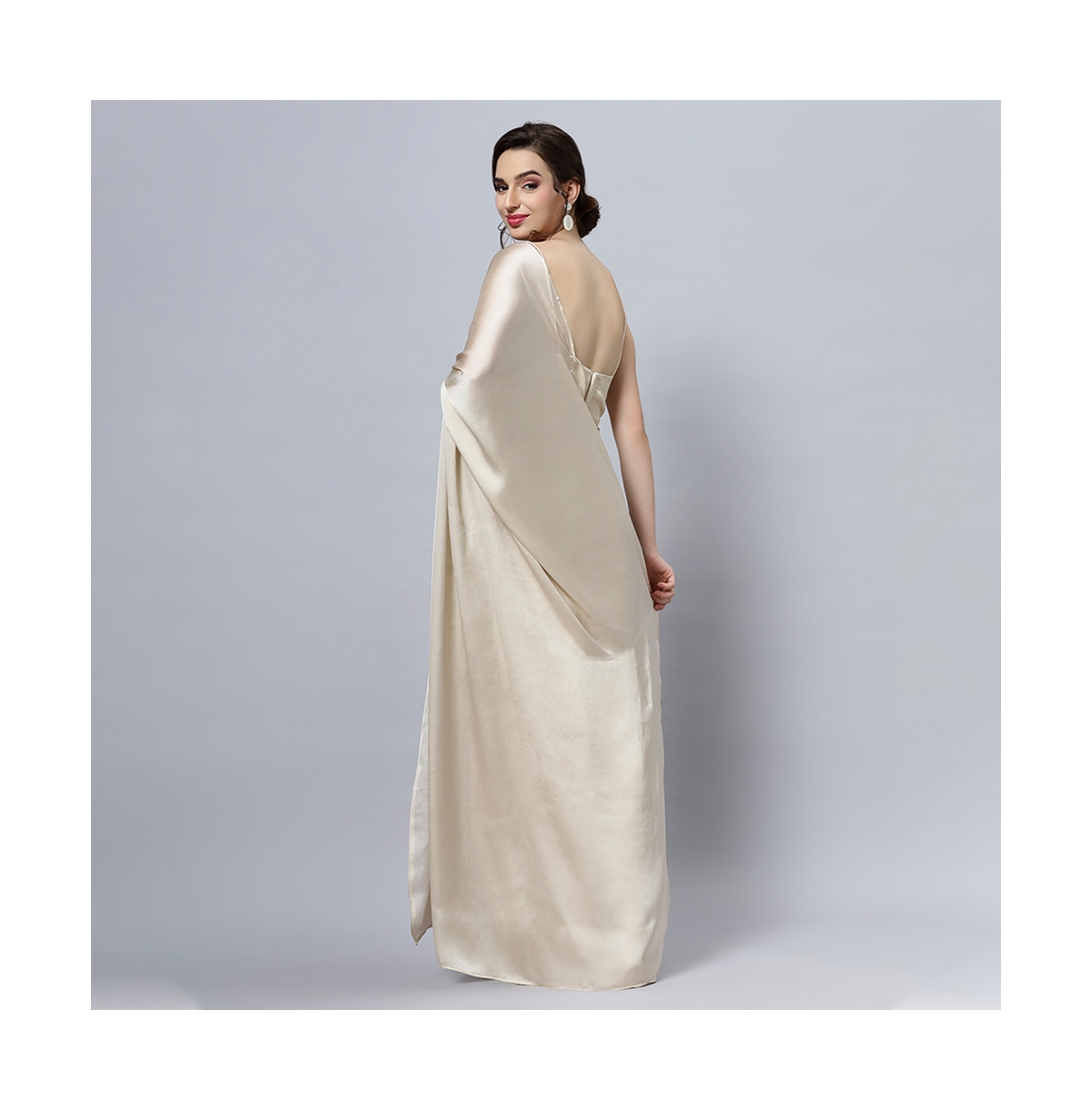 One Minute Saree Tia Cream Monochrome Satin Ready to Wear Sari