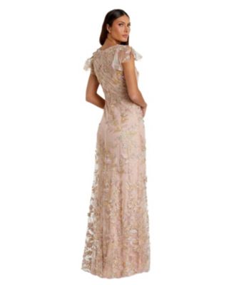 Women's Embroidered Applique Wrap Over Flutter Sleeve Gown