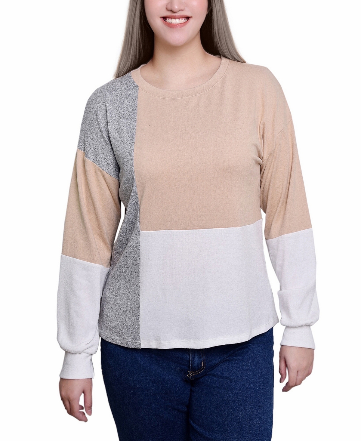 Ny Collection Petite Long Sleeve Colorblocked Boat Neck Top In Tan Ivory Grey