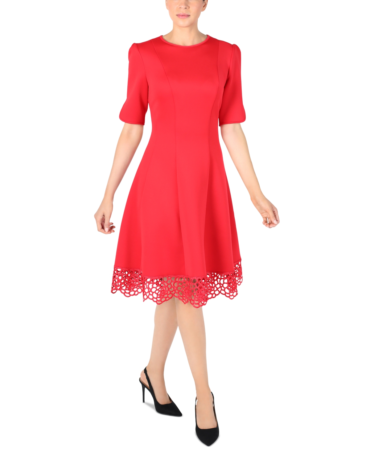 Donna Rico Women's Elbow-Sleeve Lace-Hem Knit Dress - Red