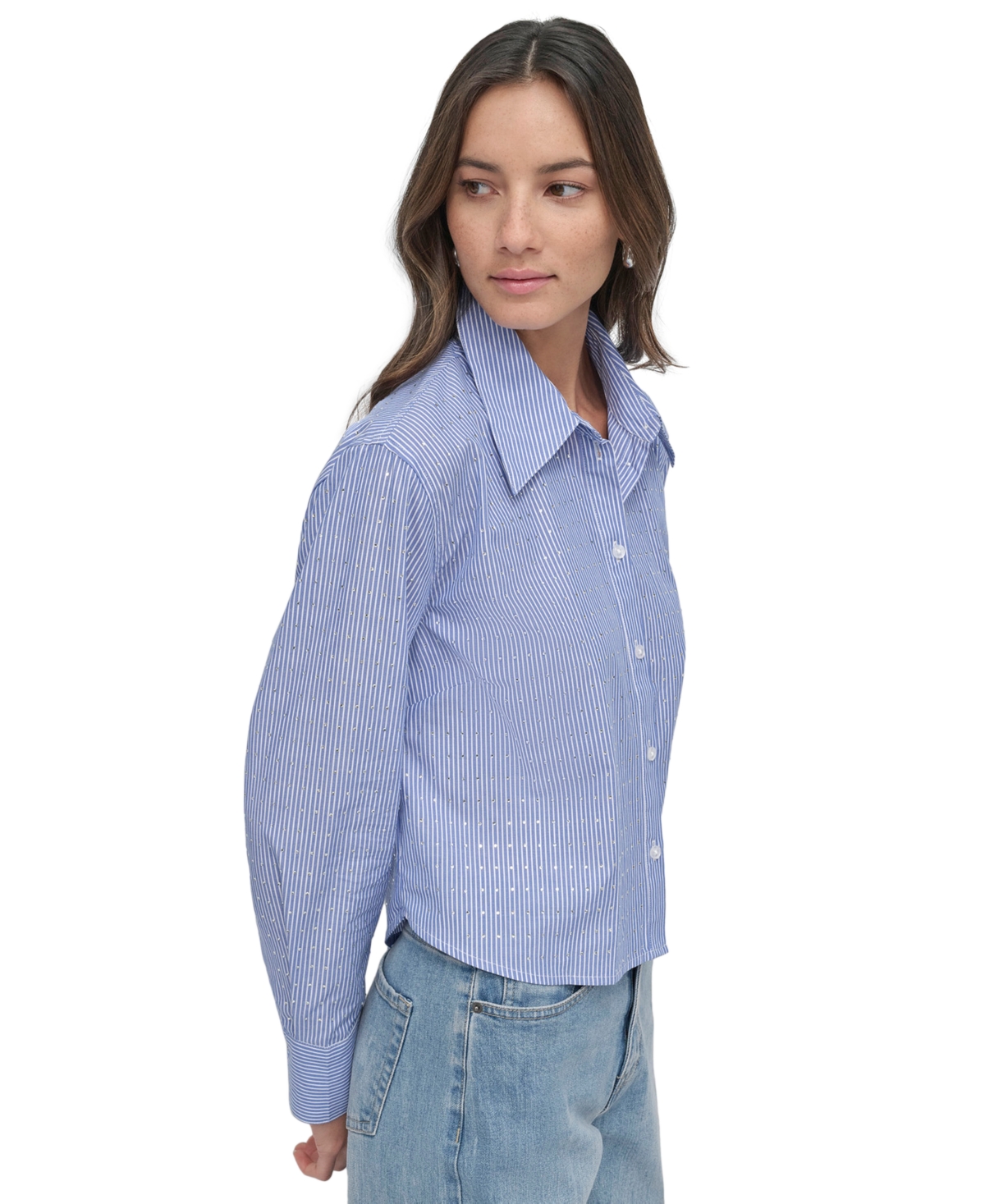 DKNY JEANS PETITE COTTON BUTTON-FRONT STUDDED SHIRT 
