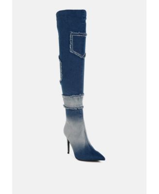 Womens Eilish Rhinestones Knee High Denim Boots