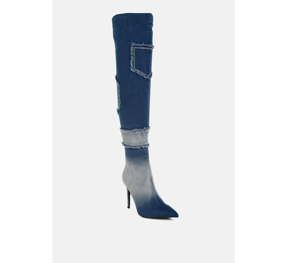 London Rag Eilish Rhinestones Knee High Denim Boots