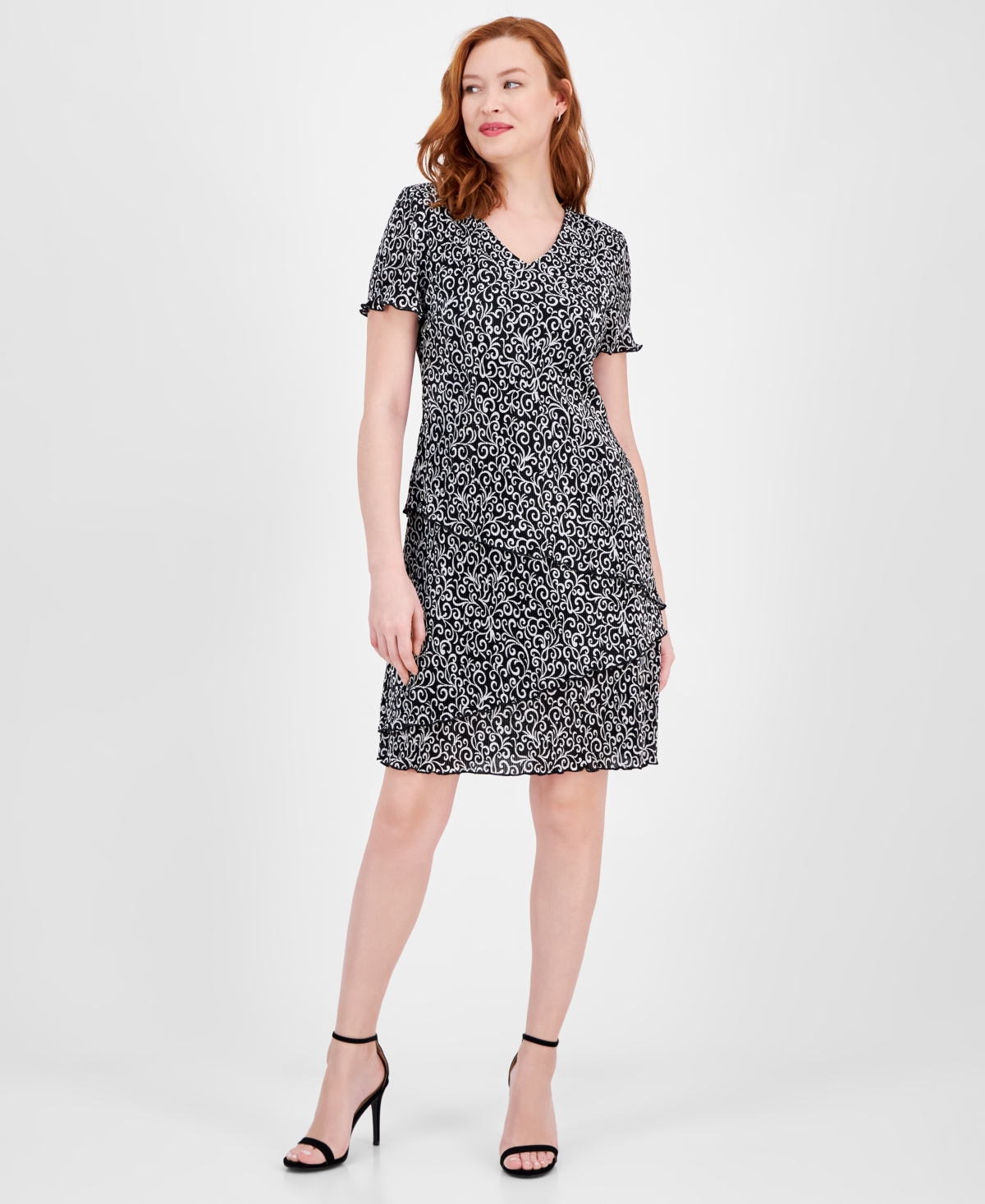 Women's Printed Asymmetric Tiered Dress - Black