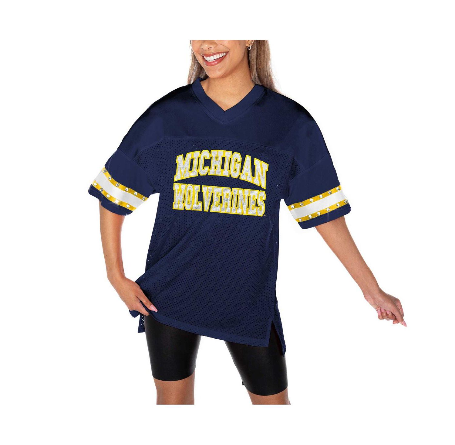 Women's Navy Michigan Wolverines Until Kickoff Rhinestone Fashion T-Shirt