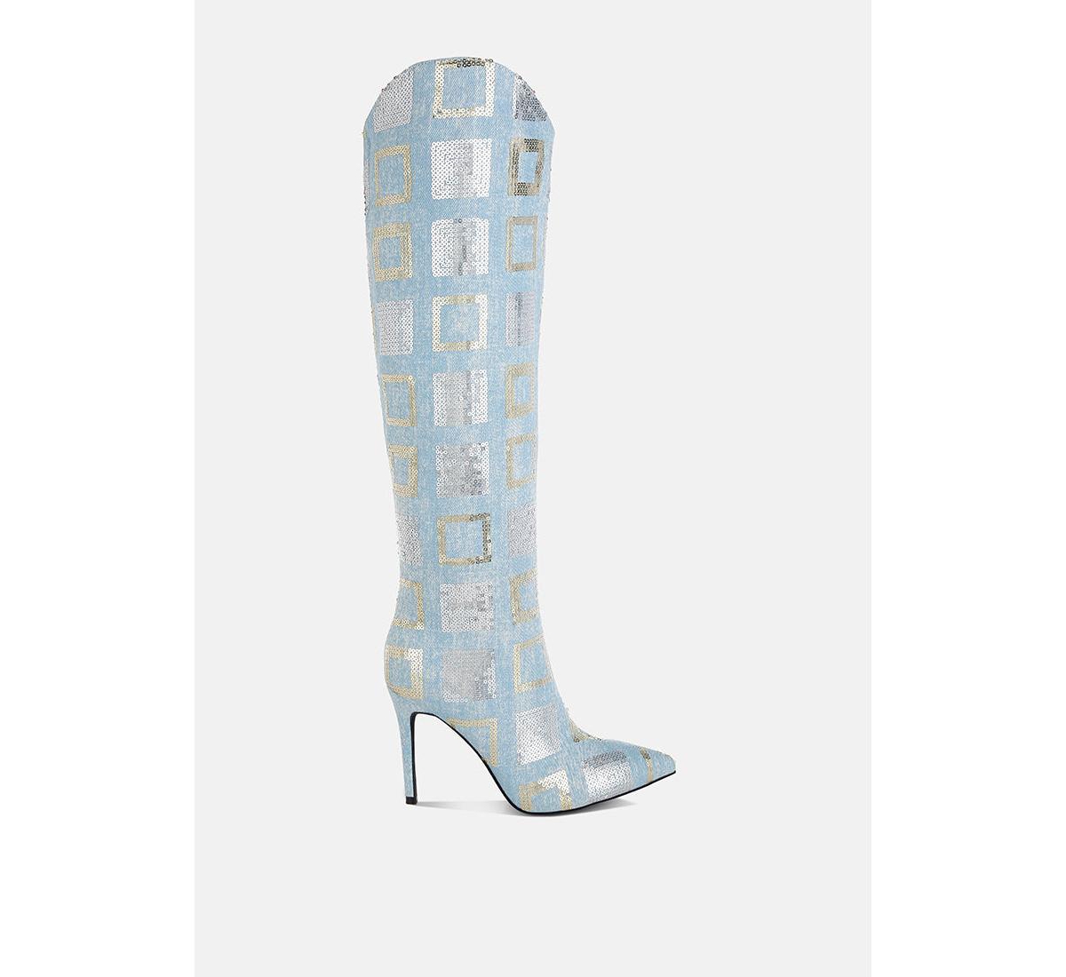 Sharmin Checkered Sequin Knee High Boots - Blue