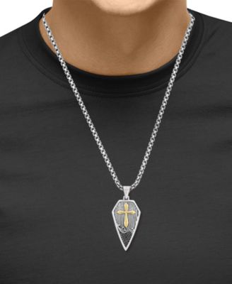 EFFY&reg; Men's Black Zircon (1/8 ct. t.w.) Cross Shield 22" Pendant Necklace in Sterling Silver & 18k Yellow Gold Over Sterling Silver  