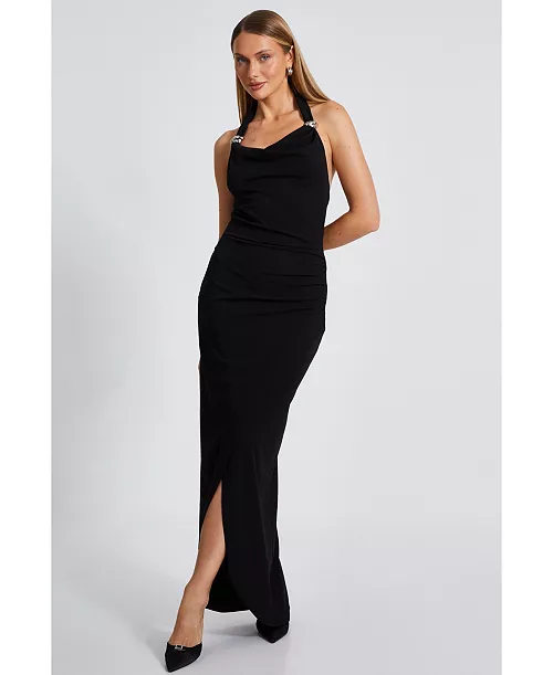 women's scuba crepe buckle detail halter neck maxi dress