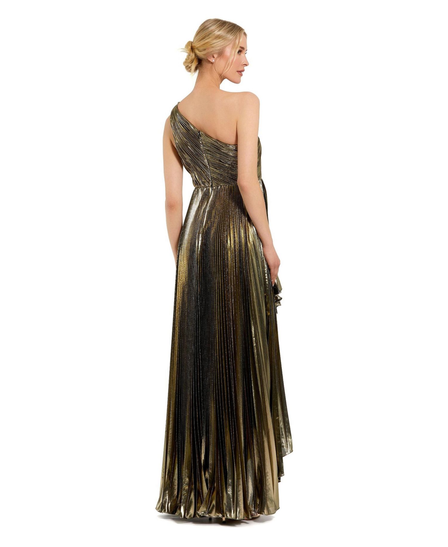 Women's Pleated Metallic One Shoulder High Low Gown