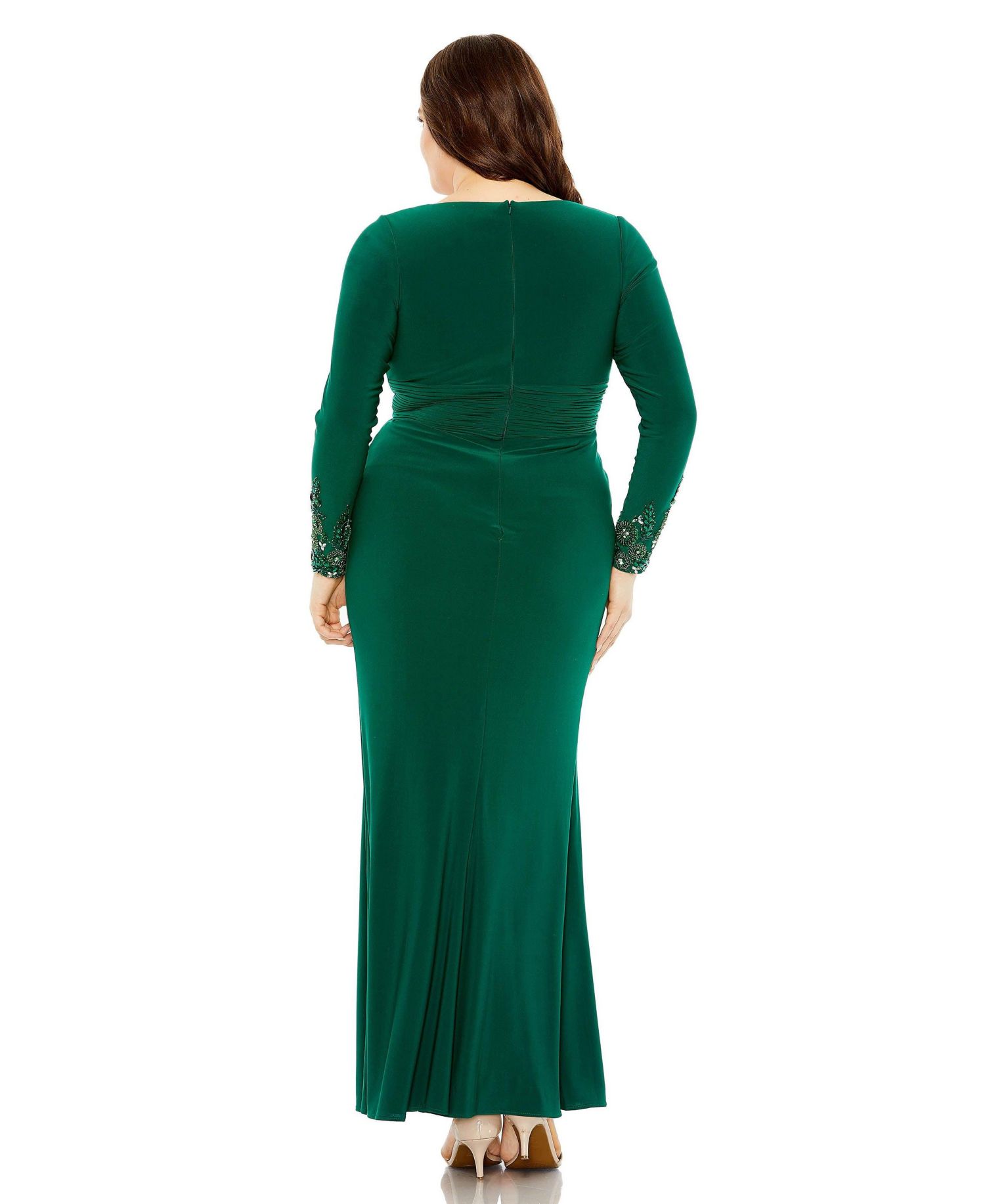 Women's Long Crystal Detail Sleeve V Neck Gown