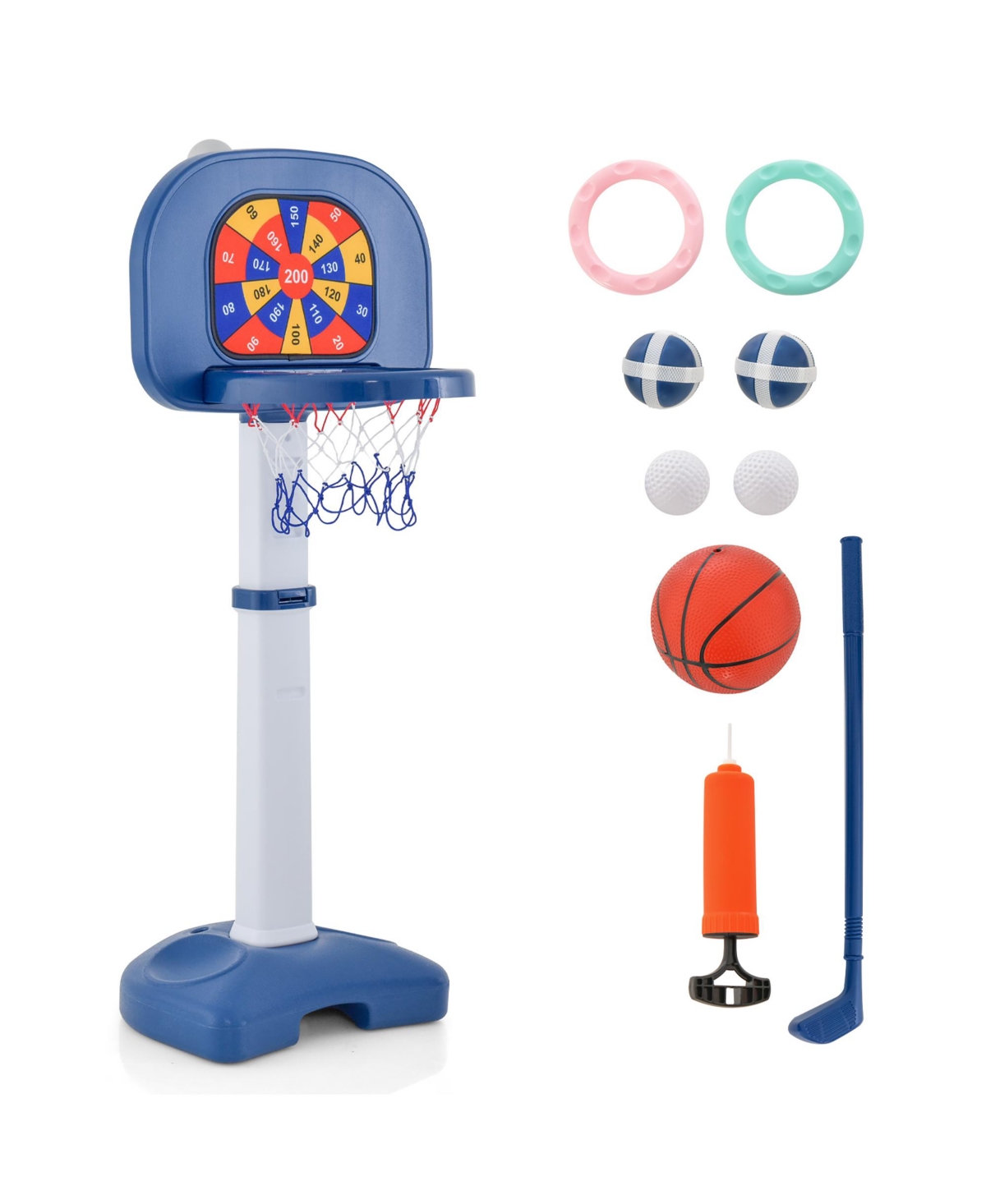 Gymax 4-In-1 Kids Adjustable Basketball Hoop Goal Toy W/Ring Toss Sticky Ball Golf Set - White+blue
