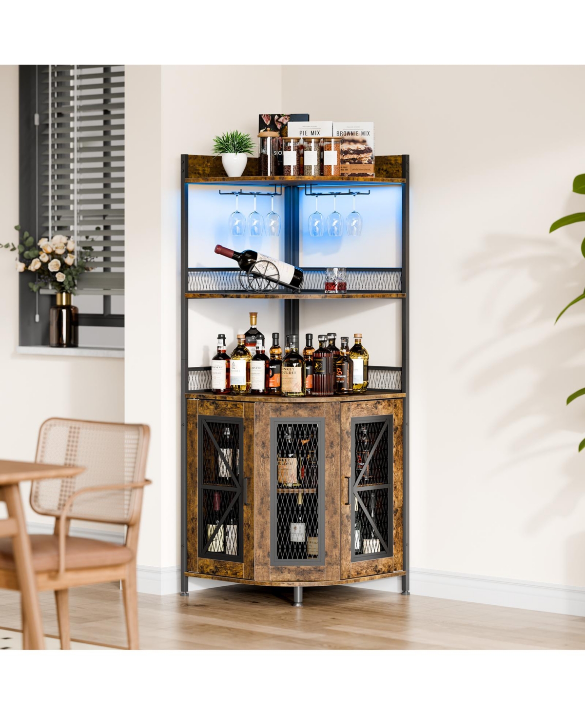gaomon Tall Corner Bar Cabinet with Power Outlet and Led, Wine Cabiner for Liquor, Industrial Corner Cabinet with Wine Storage, 5-Tiers Liquor Cabinet