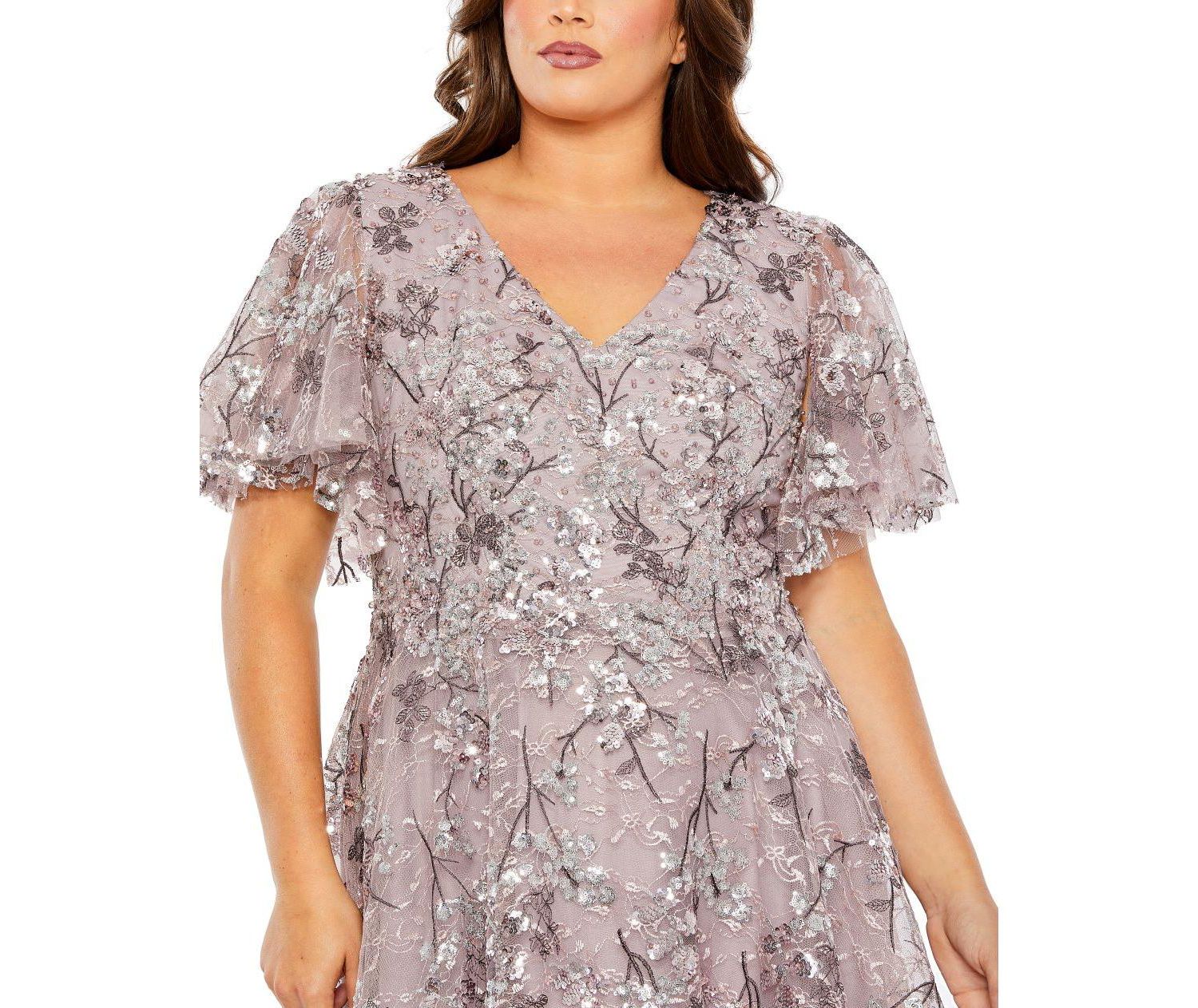 Plus Size V Neck Flutter Sleeve A Line Embellished Dress