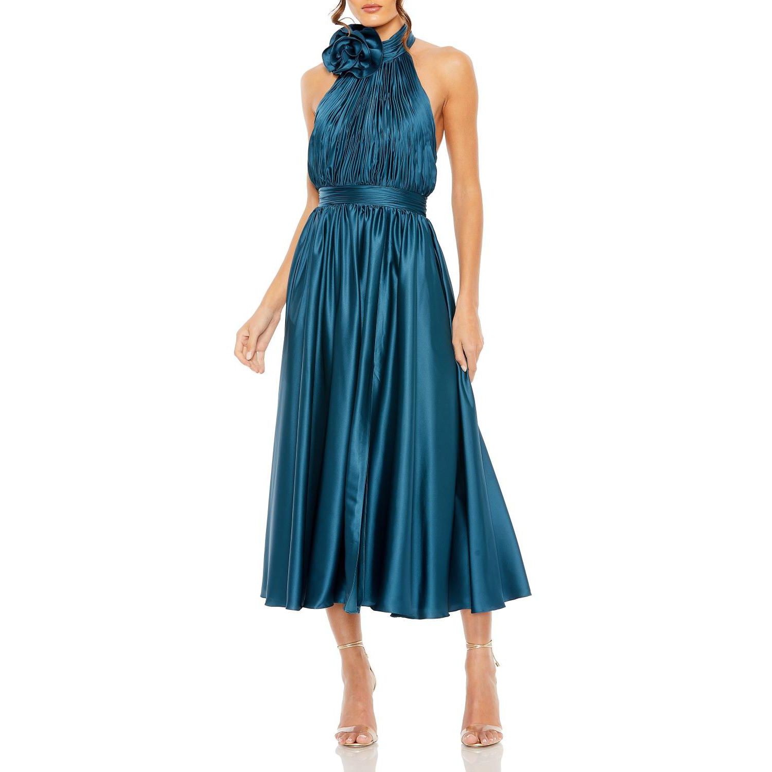 Women's Pleated Charmeuse High Neck Sleeveless Midi Dress