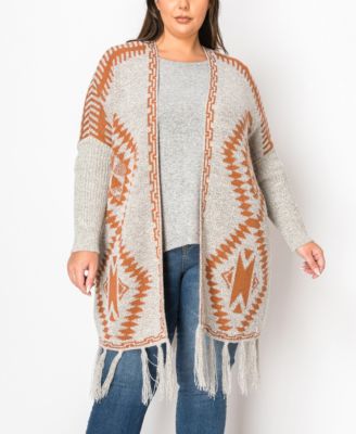 Plus Size Tribal Cardigan Sweater with Fringe