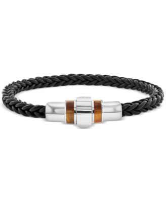 EFFY Collection - Men's Tiger's Eye (12 x 5mm) Braided Leather Bracelet in Sterling Silver