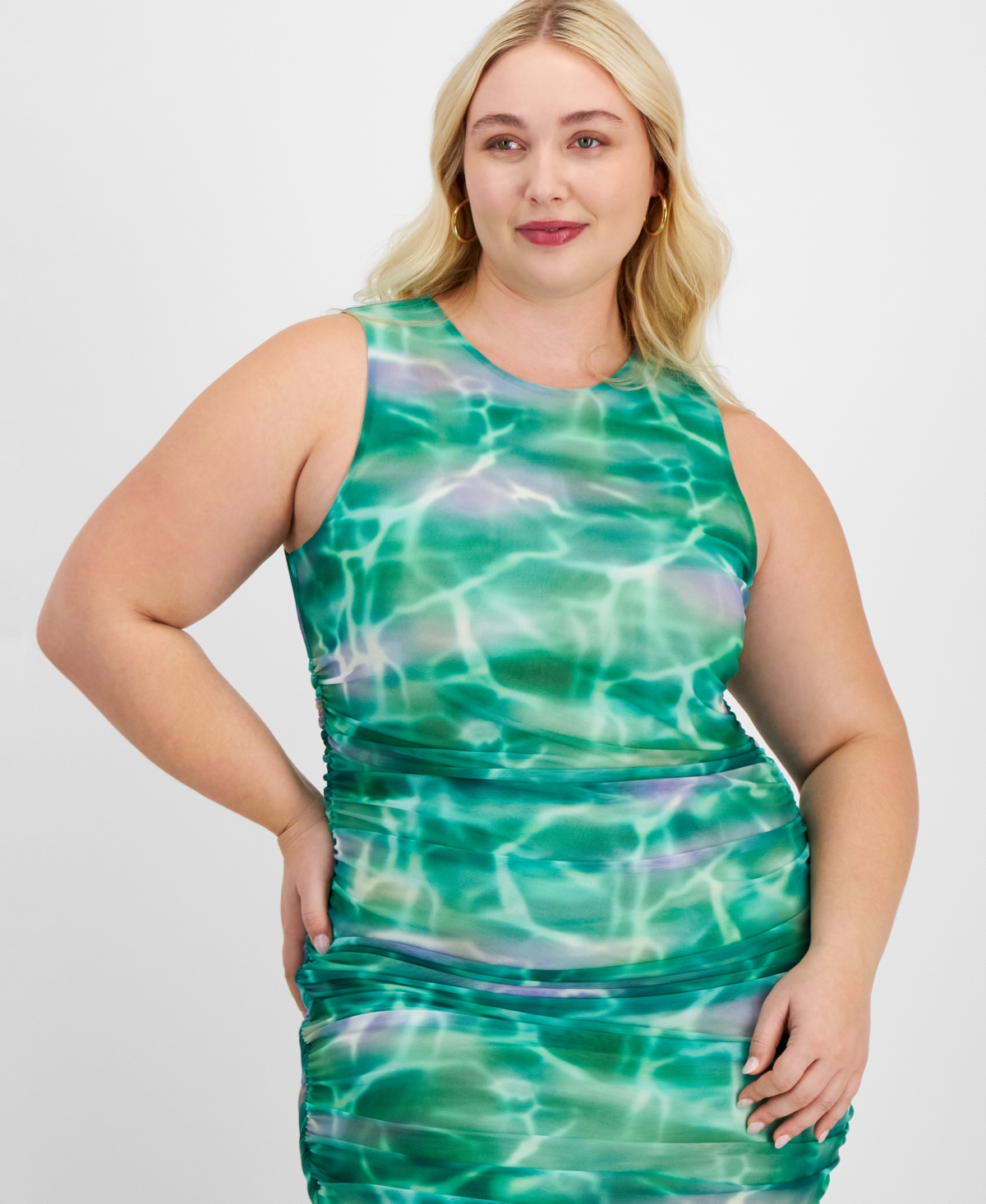 Bar Iii Trendy Plus Size Printed-mesh Side-ruched Dress, Exclusively At Macy's In Ombre Wave Green
