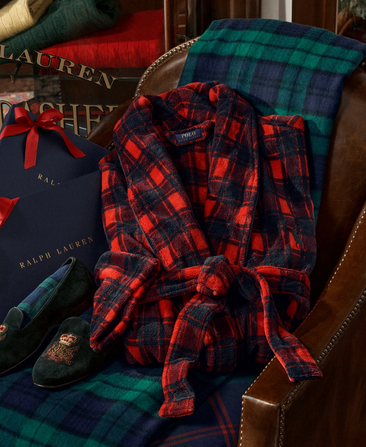 Polo Ralph Lauren Men's Microfiber Plush Robe - Red and Black Plaid
