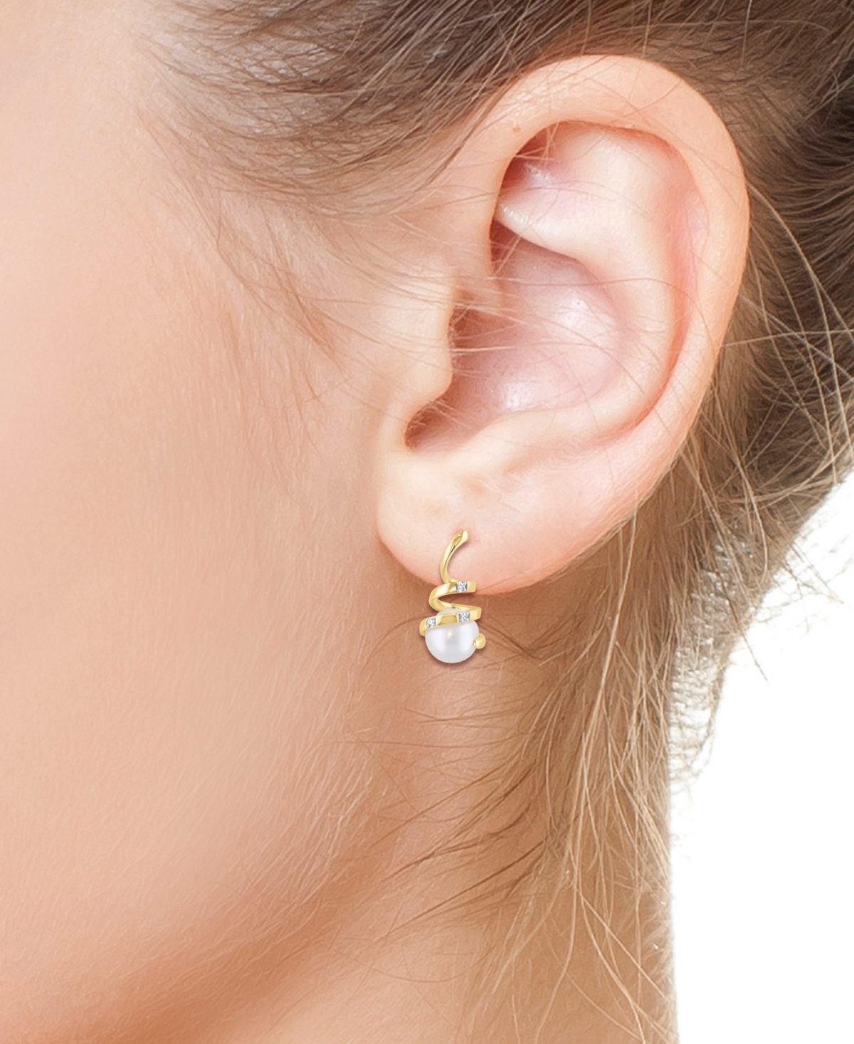 Shop Effy Collection Effy Cultured Freshwater Pearl (6mm) & Diamond Accent Spiral Drop Earrings In 14k Gold