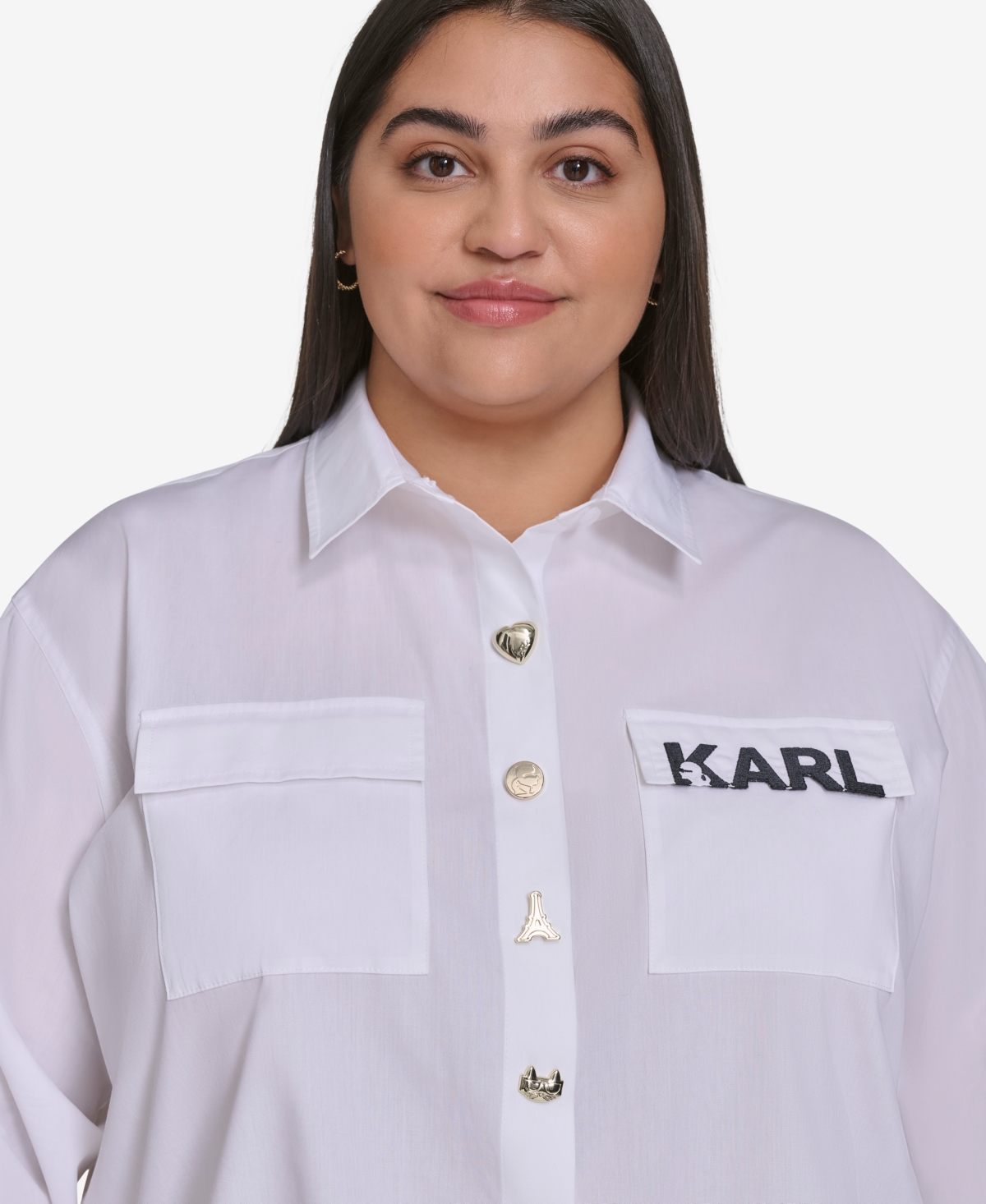 KARL LAGERFELD PLUS SIZE COTTON POPLIN MOTIF BUTTON-UP SHIRT, EXCLUSIVELY AT MACY'S 