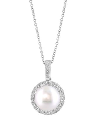 EFFY Collection - Cultured Freshwater Pearl (10mm) & Diamond (5/8 ct. t.w.) Halo 18" Pendant Necklace in 14k White Gold
