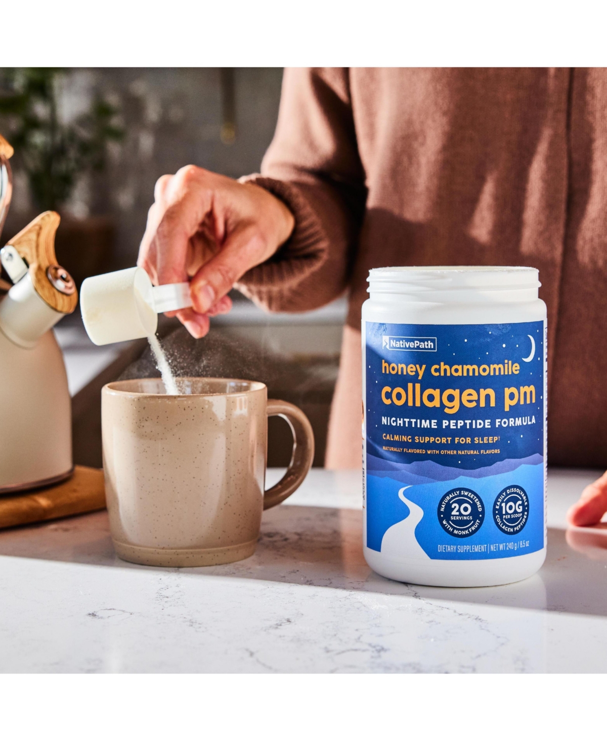 NativePath Collagen Pm - Honey Chamomile Nighttime Collagen Peptides Powder with Magnesium, Gaba, L-Theanine and Melatonin - Servings