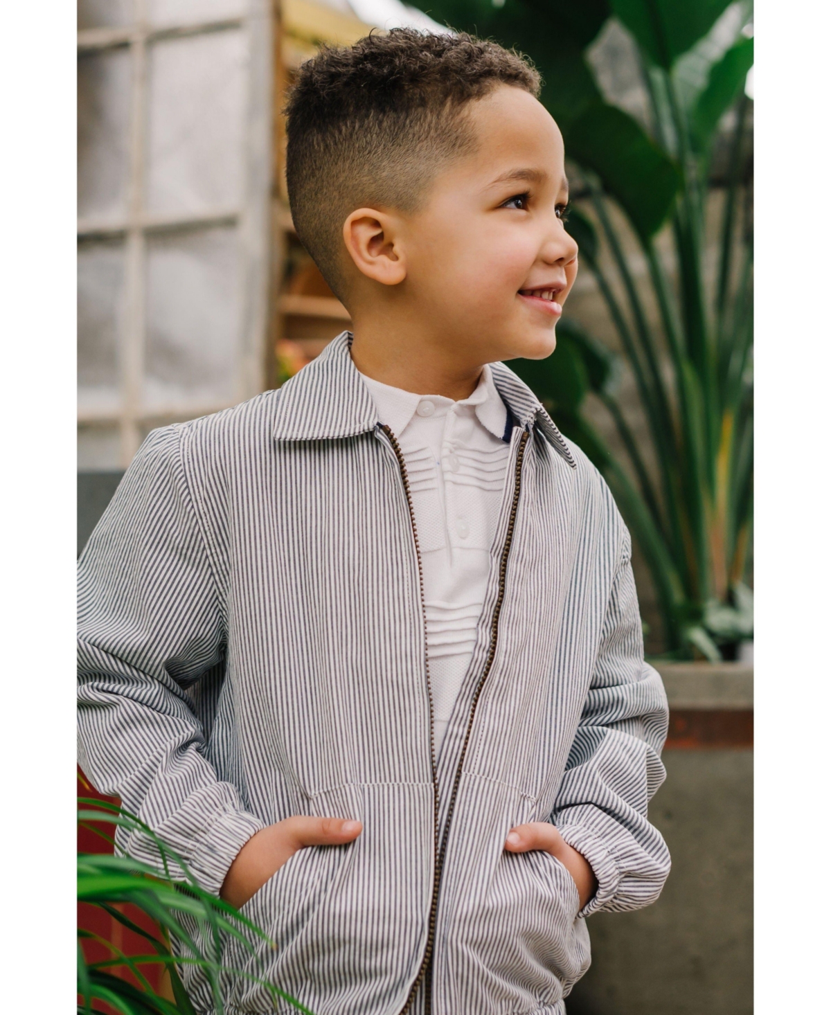 Hope & Henry Boys Long Sleeve Seersucker Bomber Jacket - Navy and White Seersucker