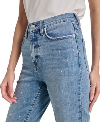 DKNY Jeans Women's High-Rise Slim Straight Scattered Rhine-Studs Jeans