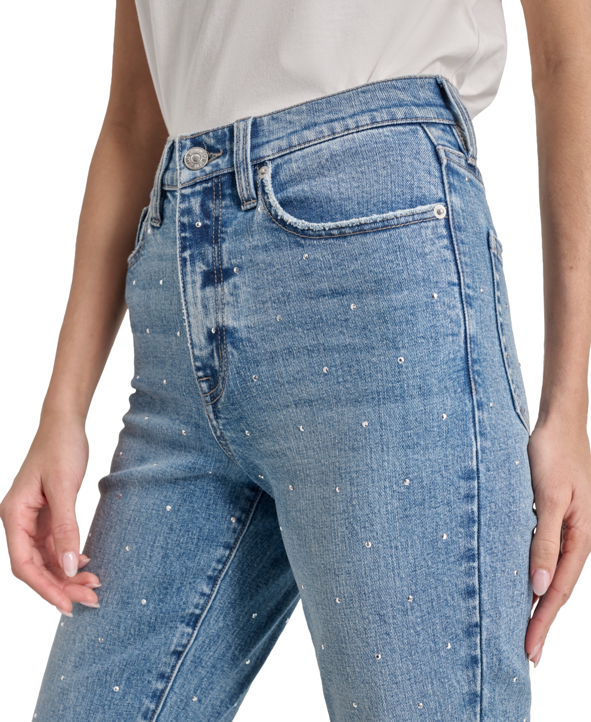 DKNY JEANS WOMEN'S HIGH-RISE SLIM STRAIGHT SCATTERED RHINE-STUDS JEANS 