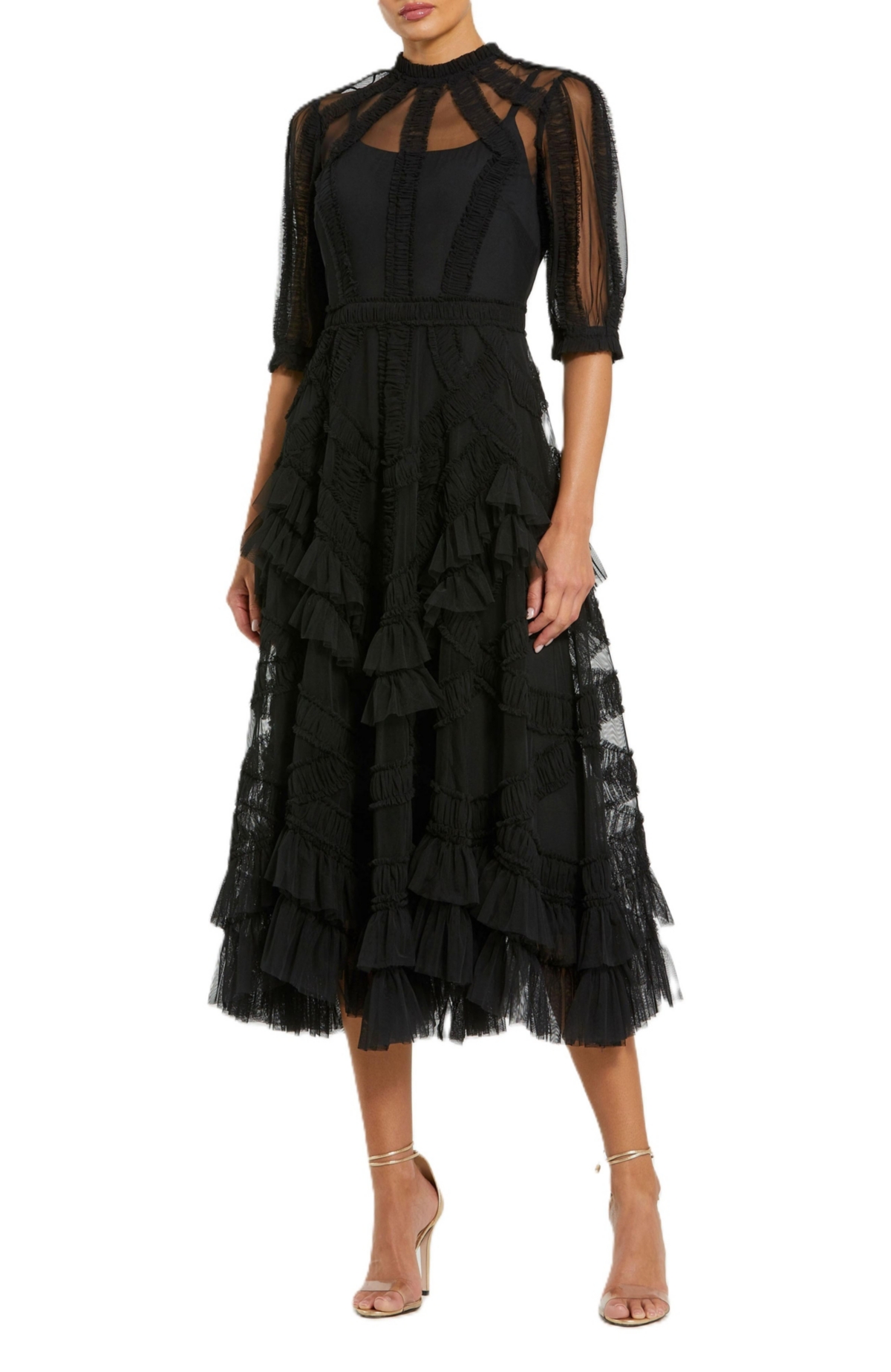 Mac Duggal Women's High Neck Puff Sleeve Ruffle Tiered Dress