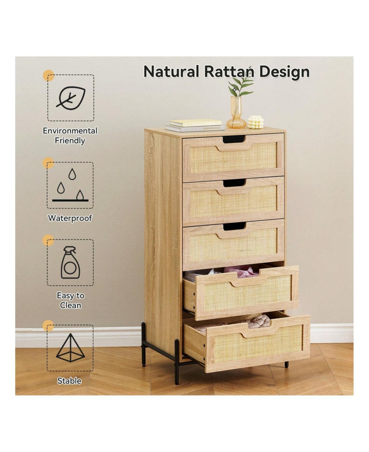 gaomon Modern Rattan 5 Drawers Dresser, Double Dresser For Bedroom, Chest Of Drawers Closet Organizers And Storage Clothes For Bedroom Living Room Hal