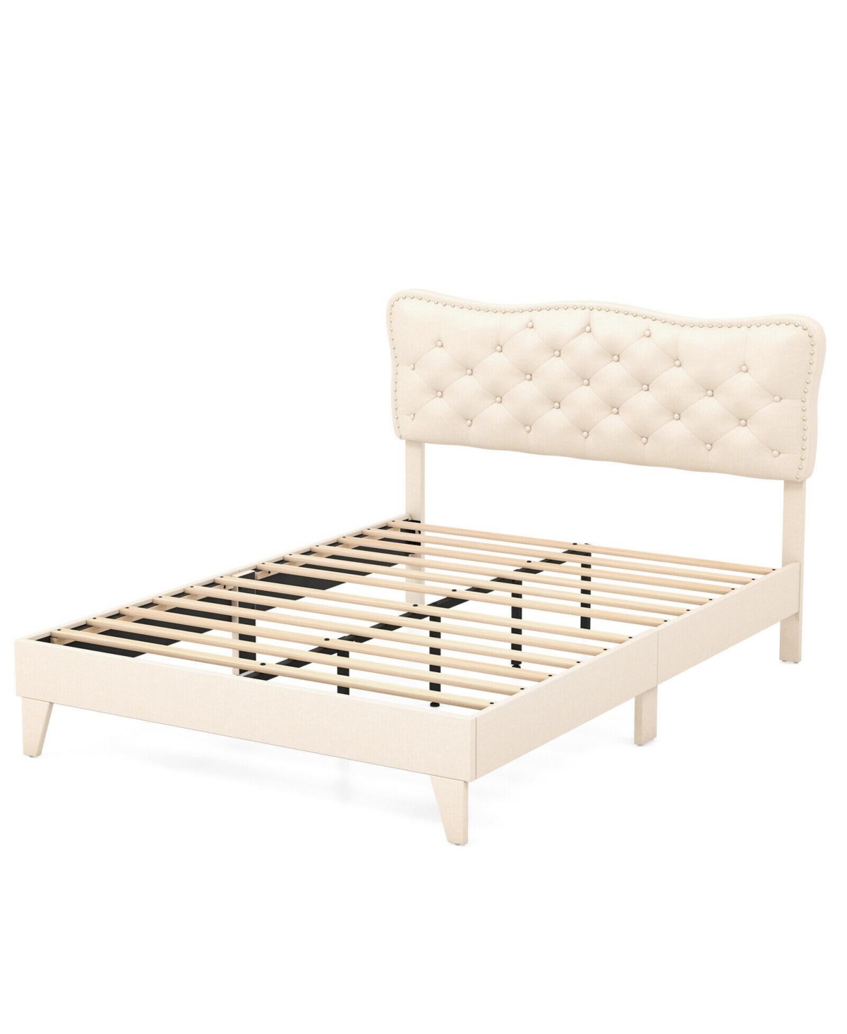 Sugift Full Size Bed Frame with Nail Headboard and Wooden Slats