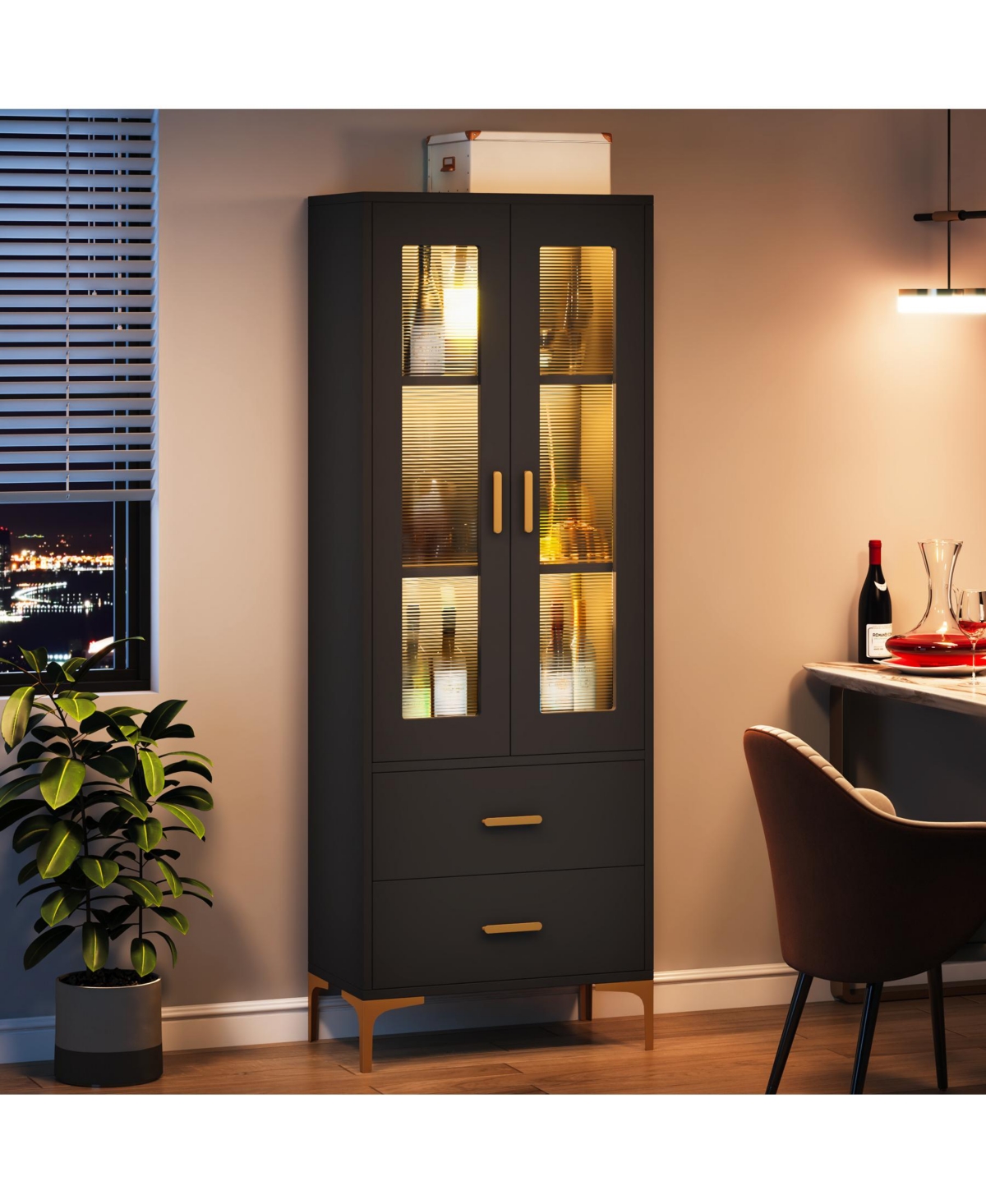 Tribesigns Bookcase with Doors and Led Light,Bookshelf 2 Drawers, Freestanding Tall Storage Cabinet for Living Room, Bathroom, Office, Kitchen