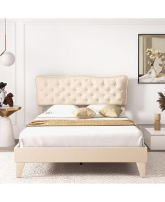 Queen Size Bed Frame with Nail Headboard and Wooden Slats