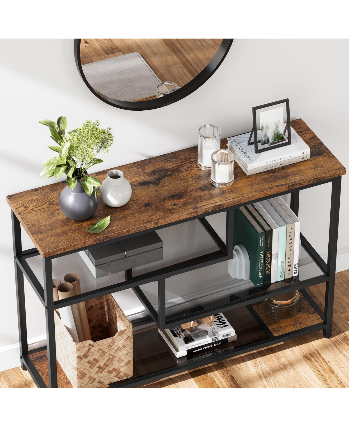 gaomon Console Table, 4-Tier Sofa Tables Narrow Entryway Table with Glass Shelf and Metal Frame