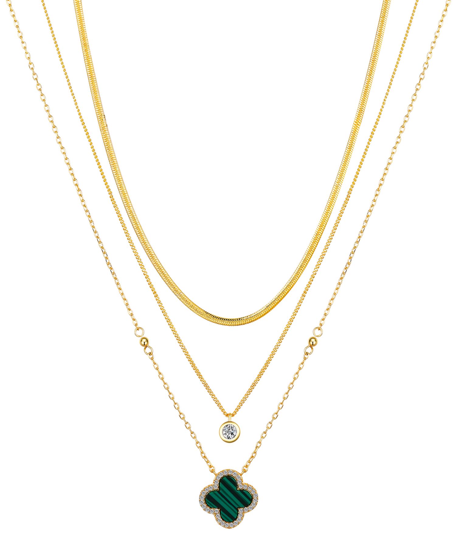 Malachite Clover and Cubic Zirconia Bezel Layered Necklace Set